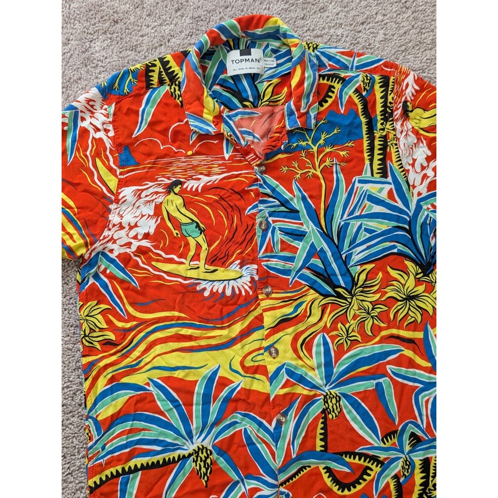 Topman Button Up Mens Large Hawaiian Floral Surf Viscose Loop Collar 50s Style